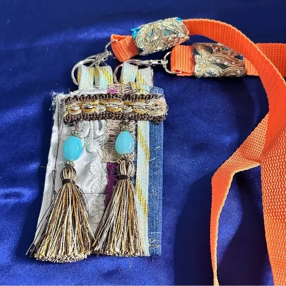 Handmade Boho Necklace Purse Fabric Wallet Beaded Fringe Artisan Signed - Picture 2 of 12